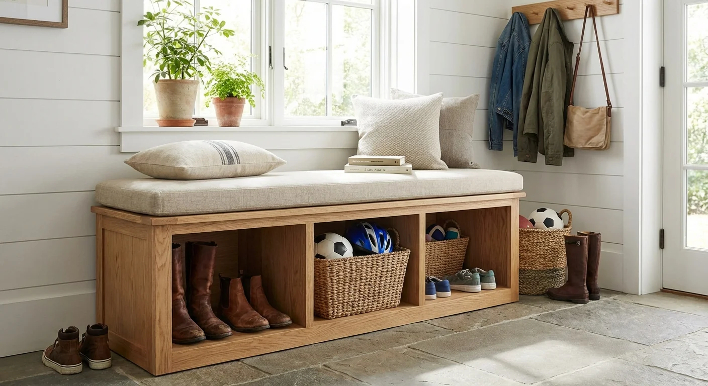 Multi-functional storage bench with cubbies for toys and gear in a bright room.