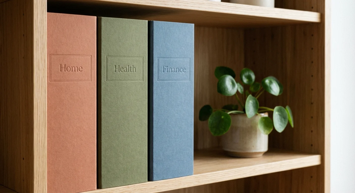 Muted green and beige folders labeled by category sitting neatly on a white bookshelf.