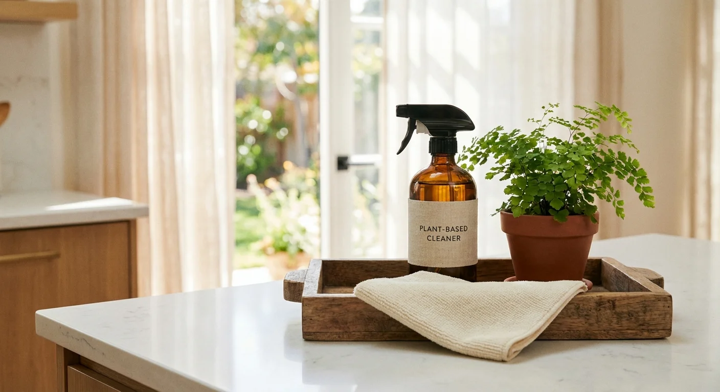 Natural cleaning supplies and a plant on a wooden tray in a bright room.