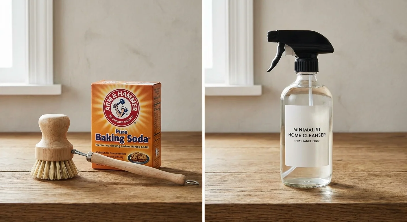 Natural cleaning tools next to a modern spray bottle on a counter.