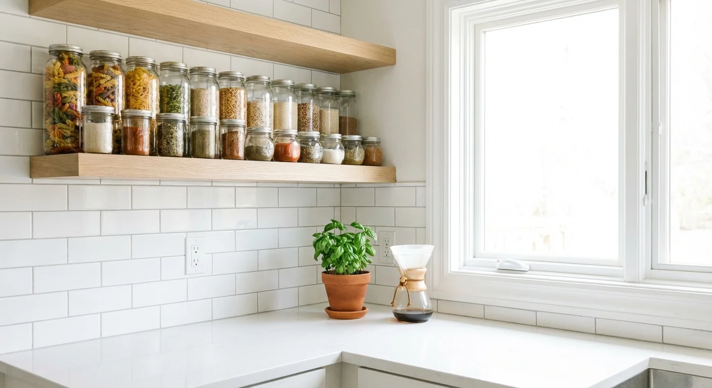 Neatly arranged glass jars on floating wooden kitchen shelves in a small apartment.