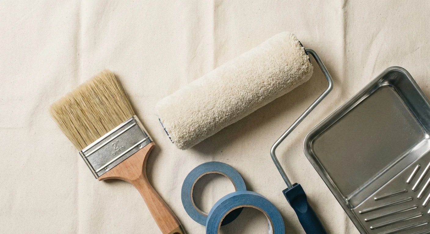 Neatly arranged professional painting supplies on a canvas cloth.