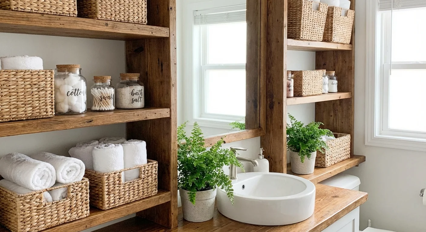 Neatly organized bathroom shelves with wicker baskets and white towels.