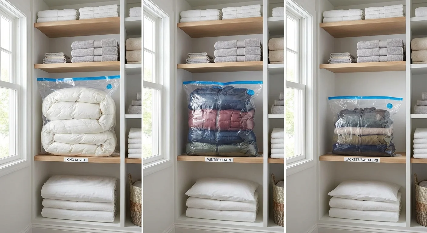Neatly stacked vacuum-sealed bags of different sizes in a linen closet.