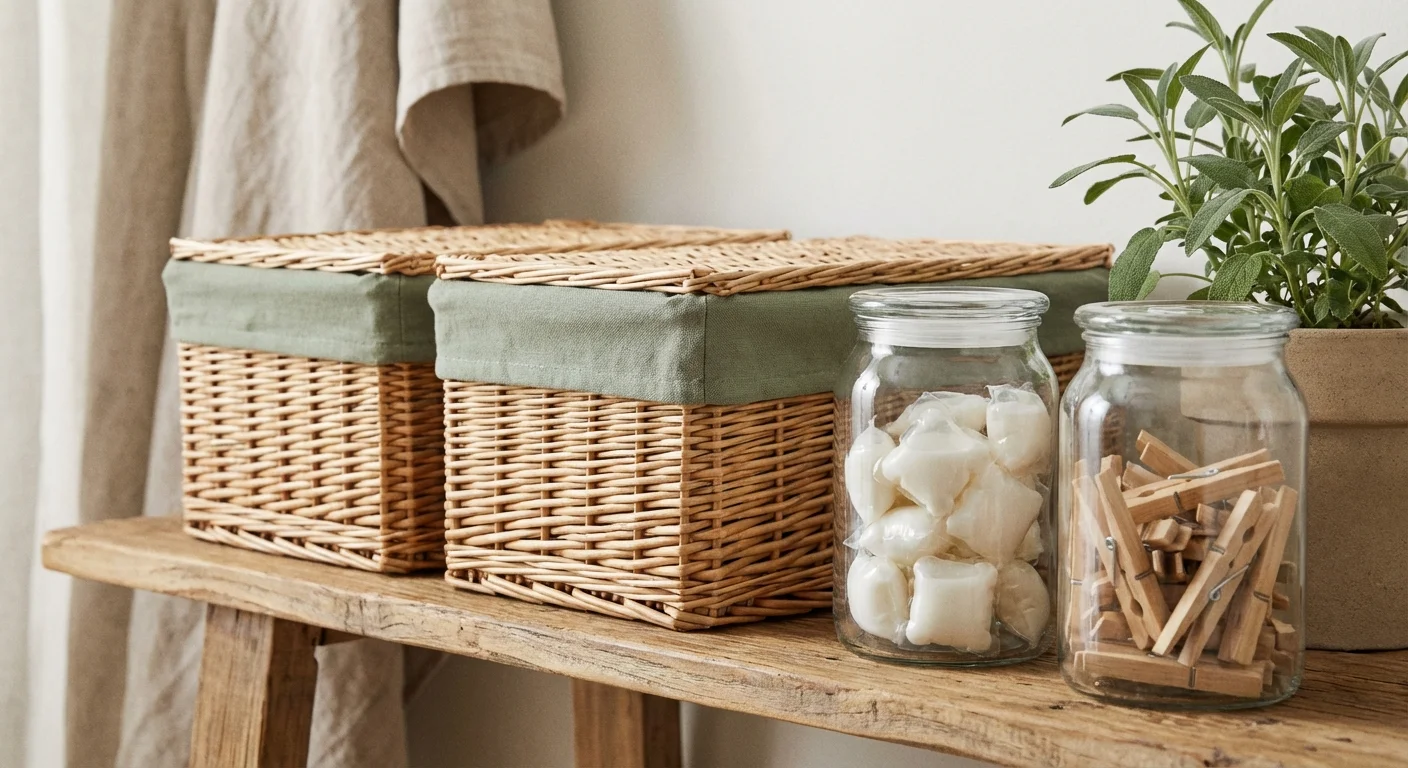 Organized wicker baskets and glass jars for laundry supplies on a shelf.