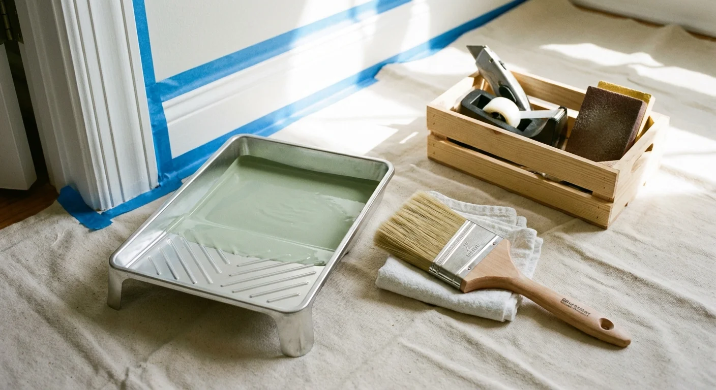 Paint supplies and blue tape neatly arranged on a drop cloth for a DIY project.