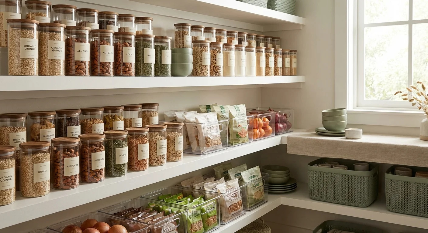 Pantry shelves organized with glass jars, wooden lids, and clear storage bins.