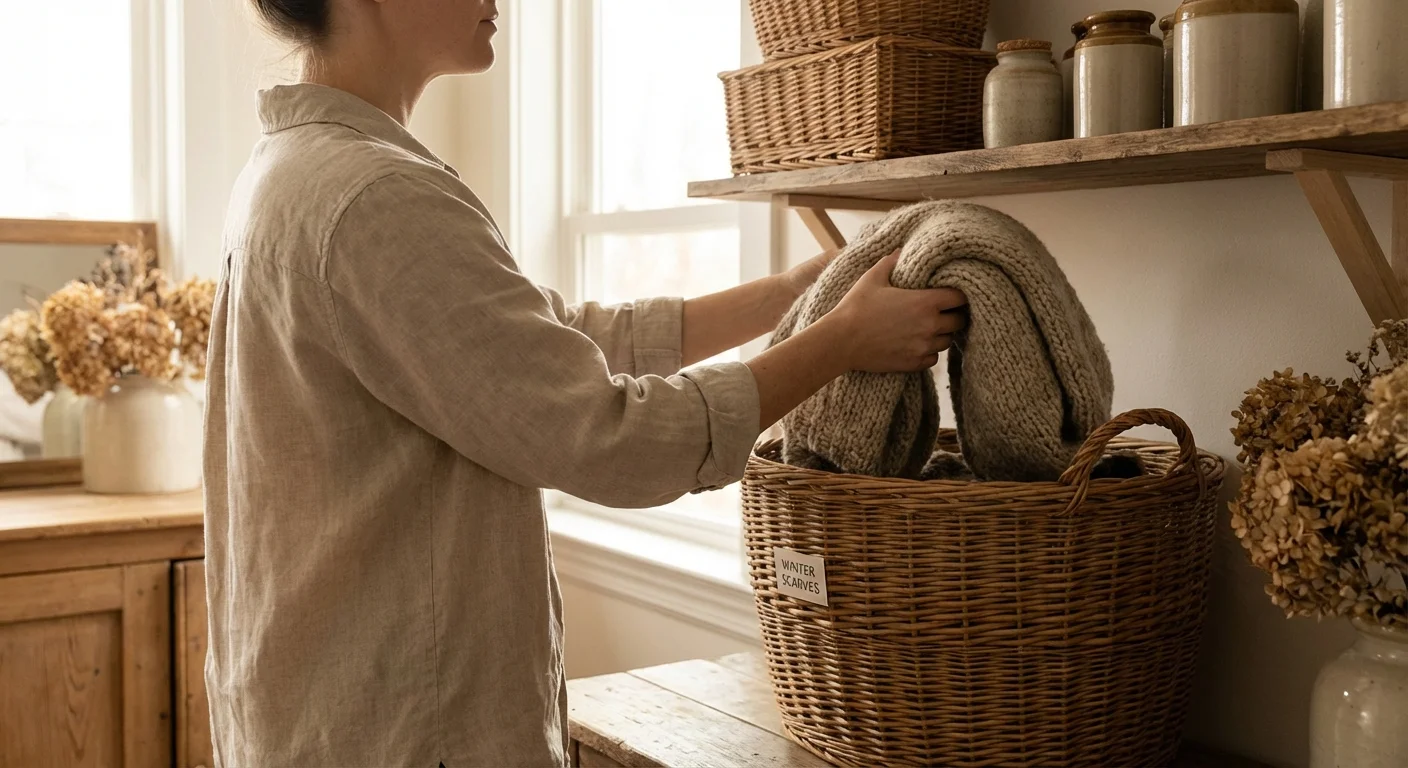 Person putting a winter scarf into a basket for seasonal storage.