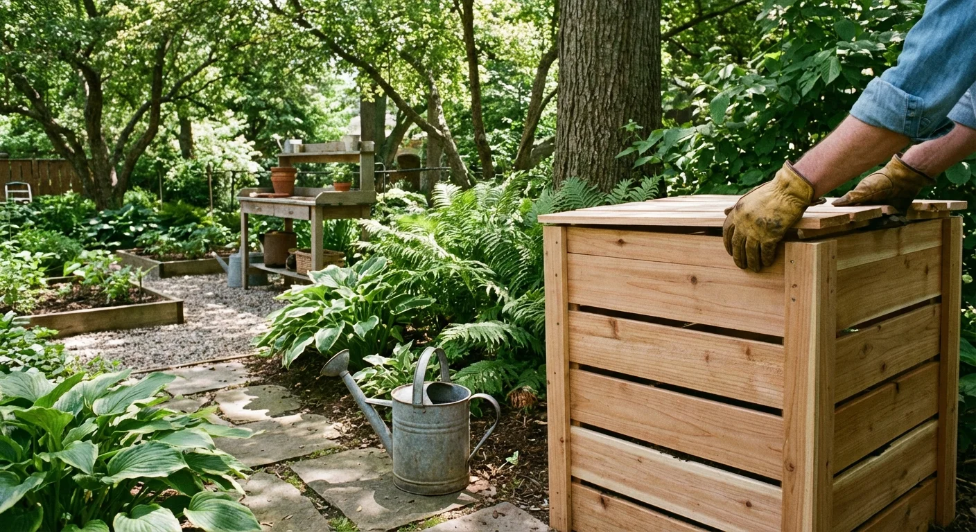 Person setting up a wooden compost bin in a garden corner.