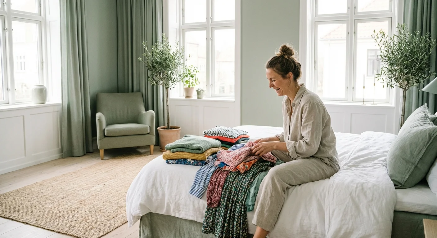 Person sorting a pile of clothes on a bed in a bright, airy bedroom.
