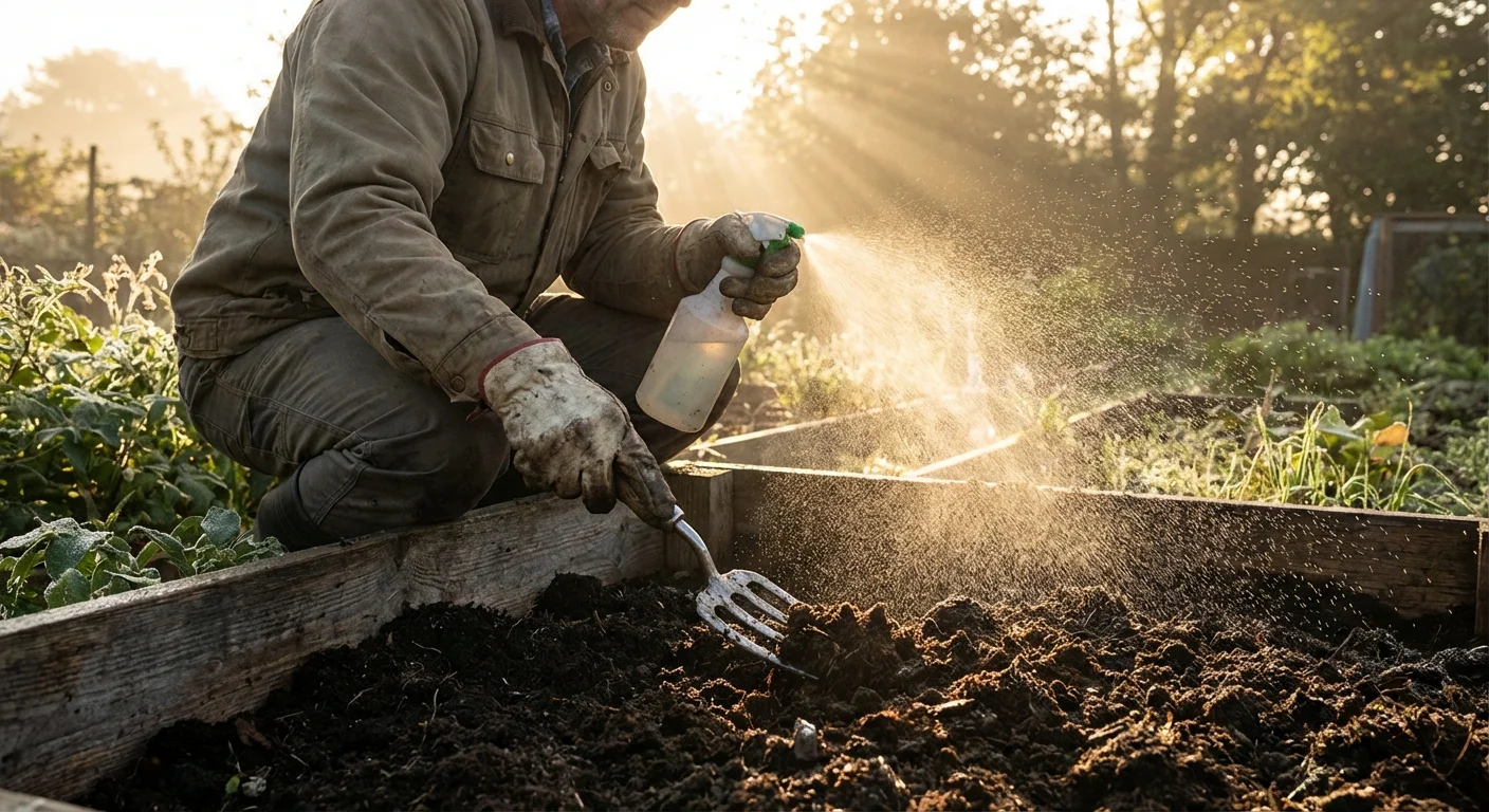 Person turning and aerating compost with a garden tool.