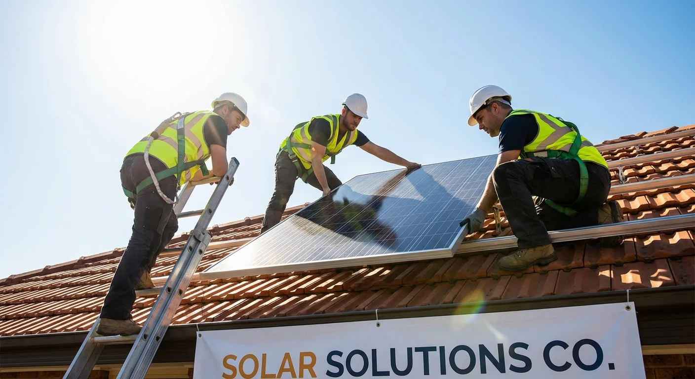 Professional solar technicians installing panels on a residential roof during a sunny day.