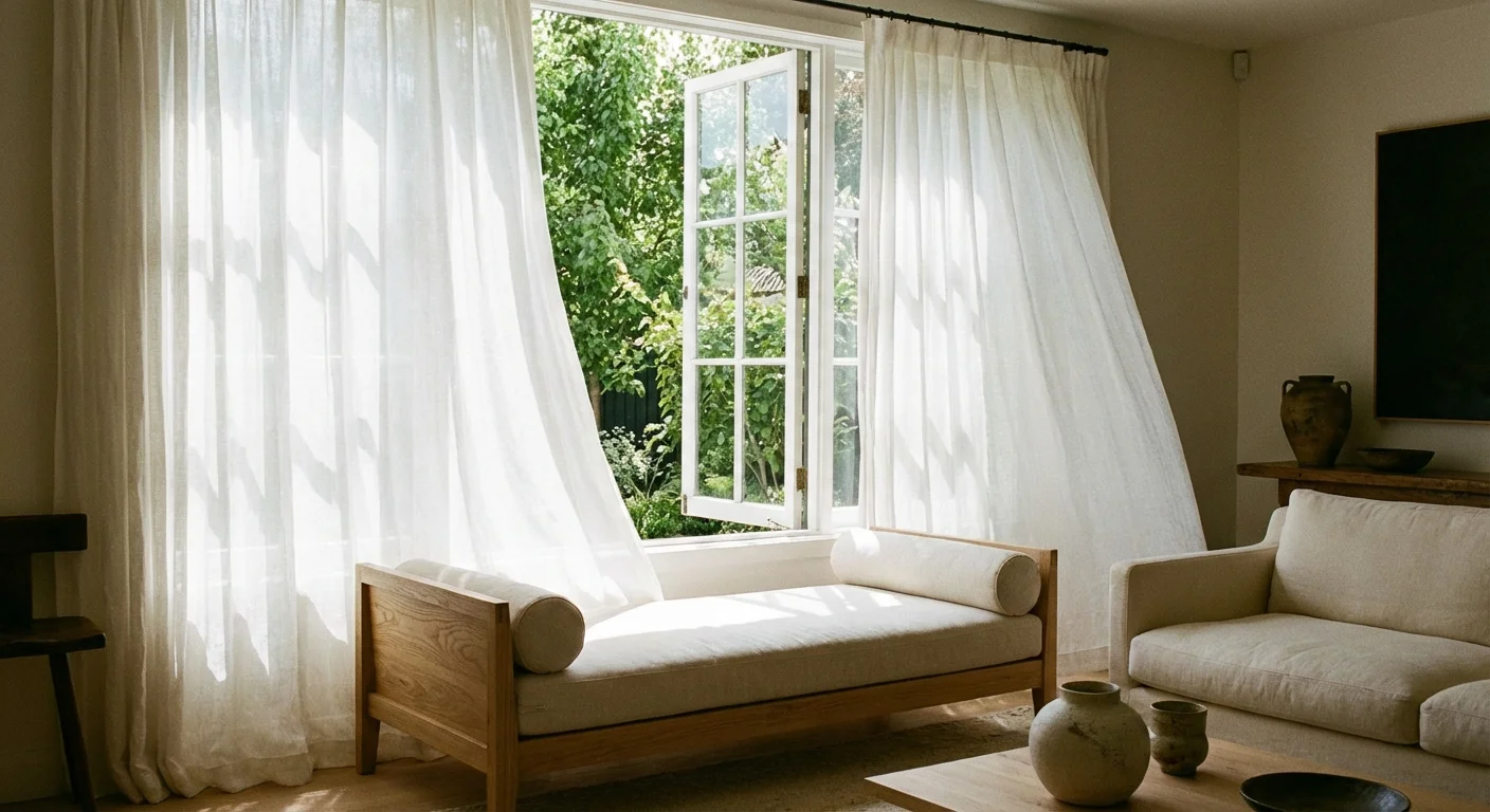 Sheer white curtains fluttering in a gentle breeze from an open window.