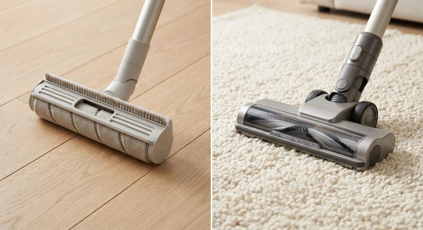 Side-by-side comparison of vacuum cleaner heads on hardwood and carpet surfaces.