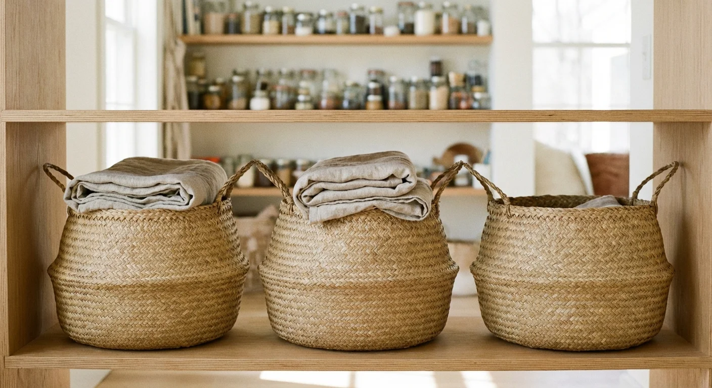 Simple large baskets on a shelf, demonstrating an easy-to-maintain system.