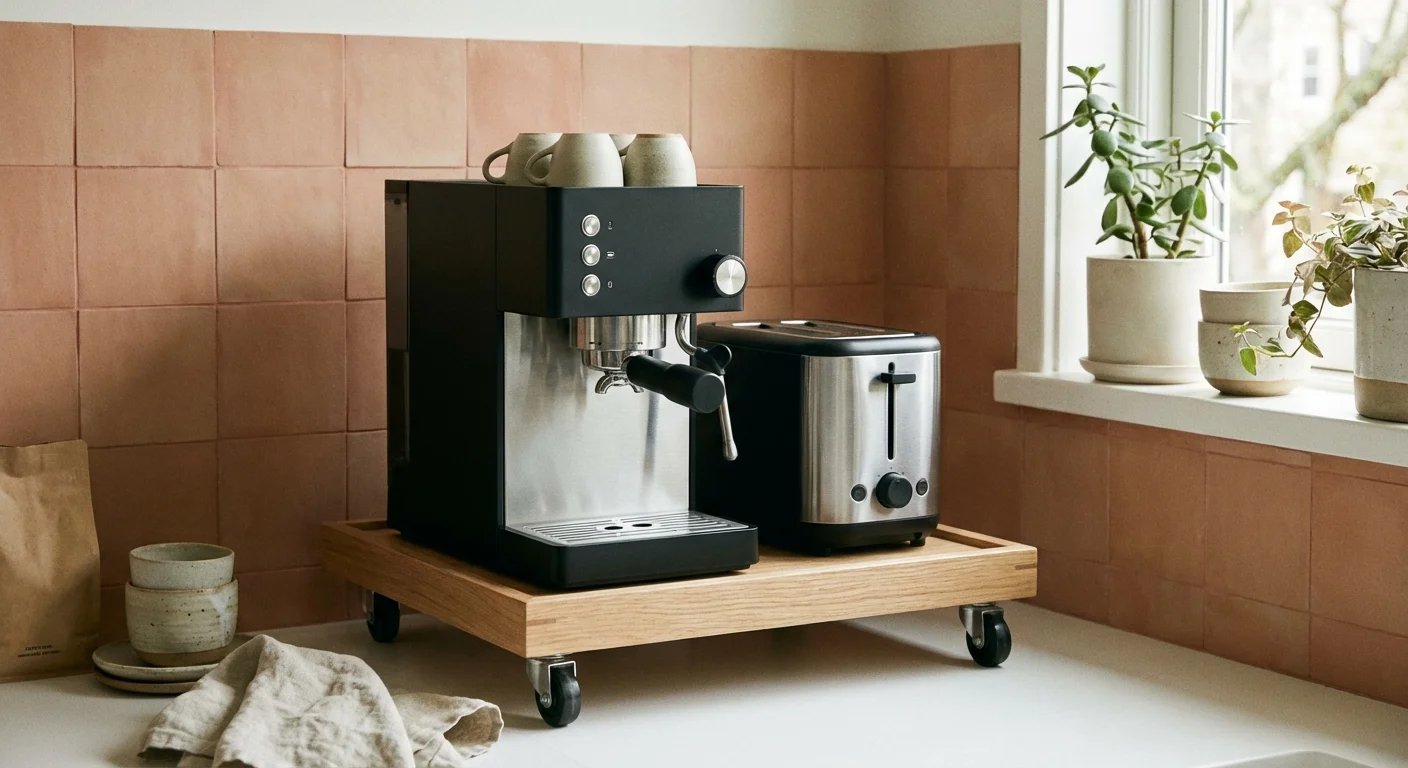 Slim, modern appliances neatly arranged on a compact kitchen cart to save space.