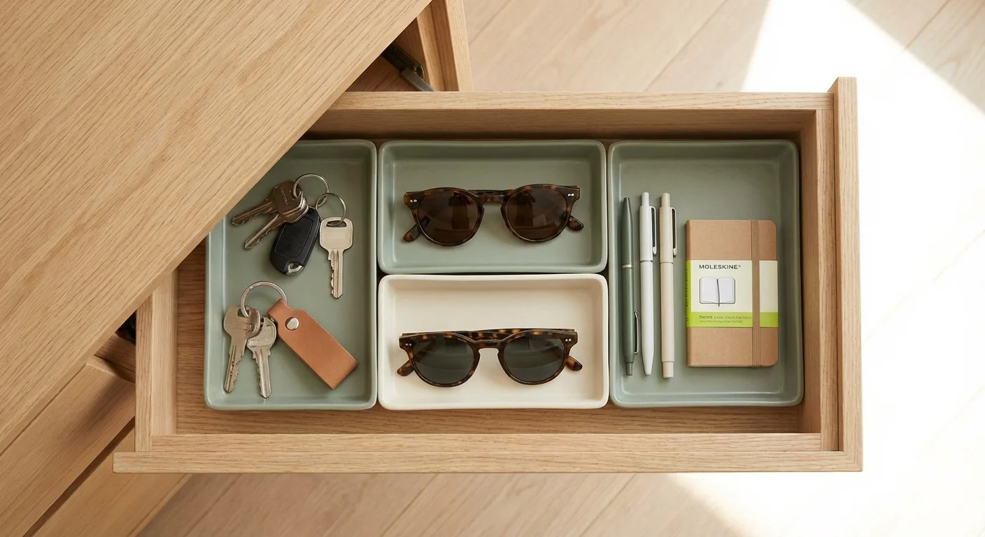 Small modular trays in an entryway drawer holding keys, sunglasses, and stationery.