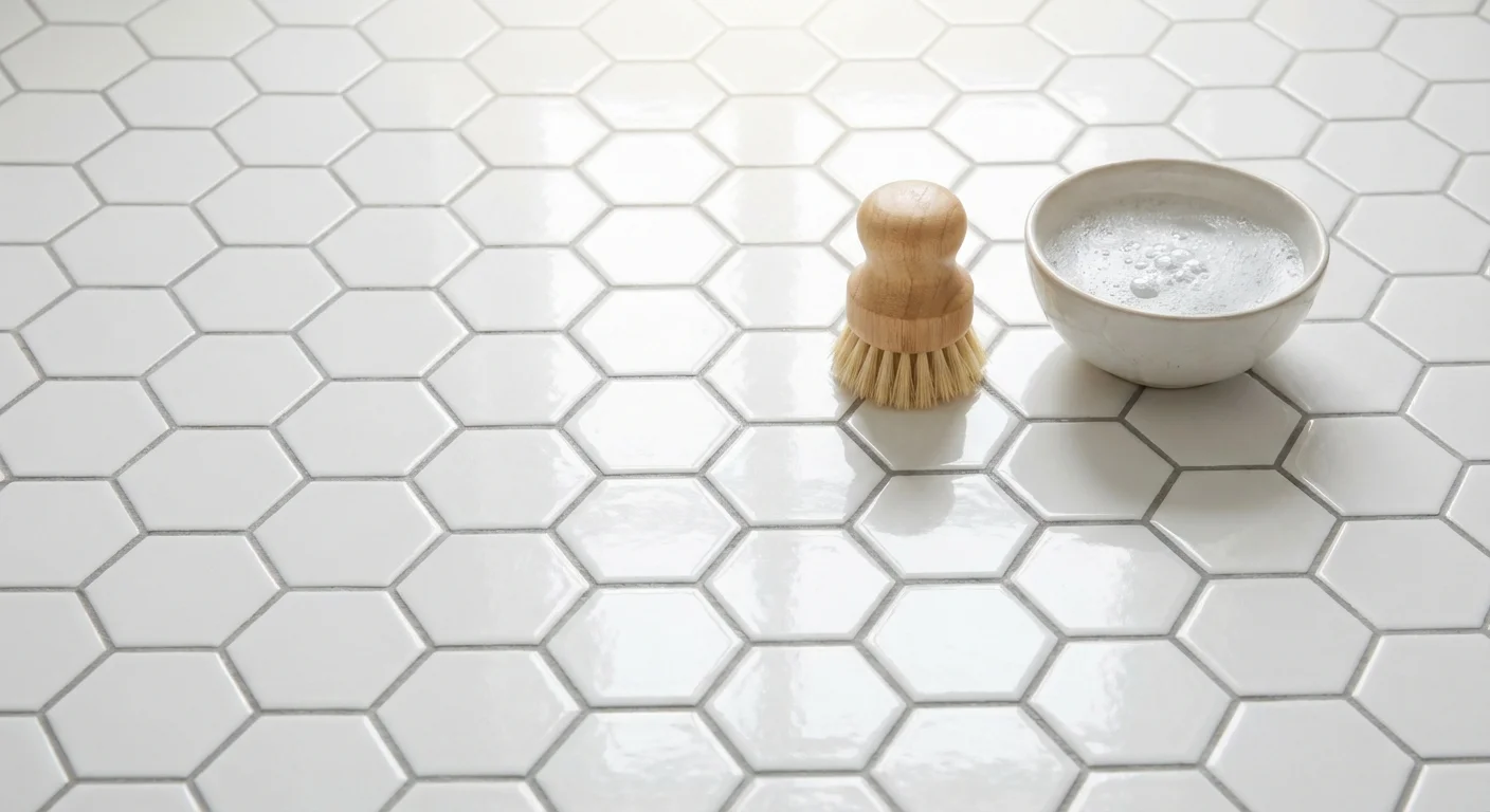 Sparkling white porcelain floor tiles with clean grout lines in a bright bathroom.