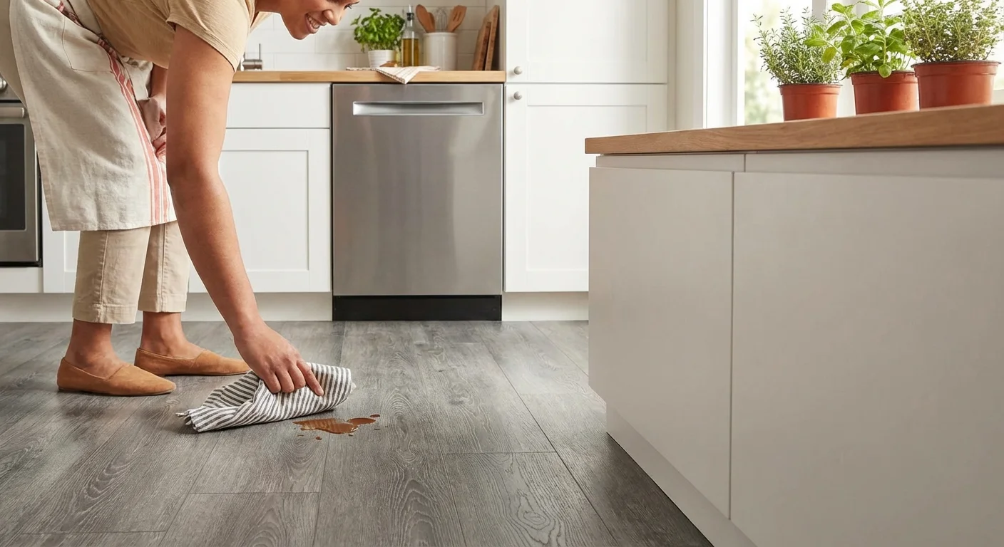 Spill being wiped off a durable luxury vinyl plank floor in a modern kitchen.