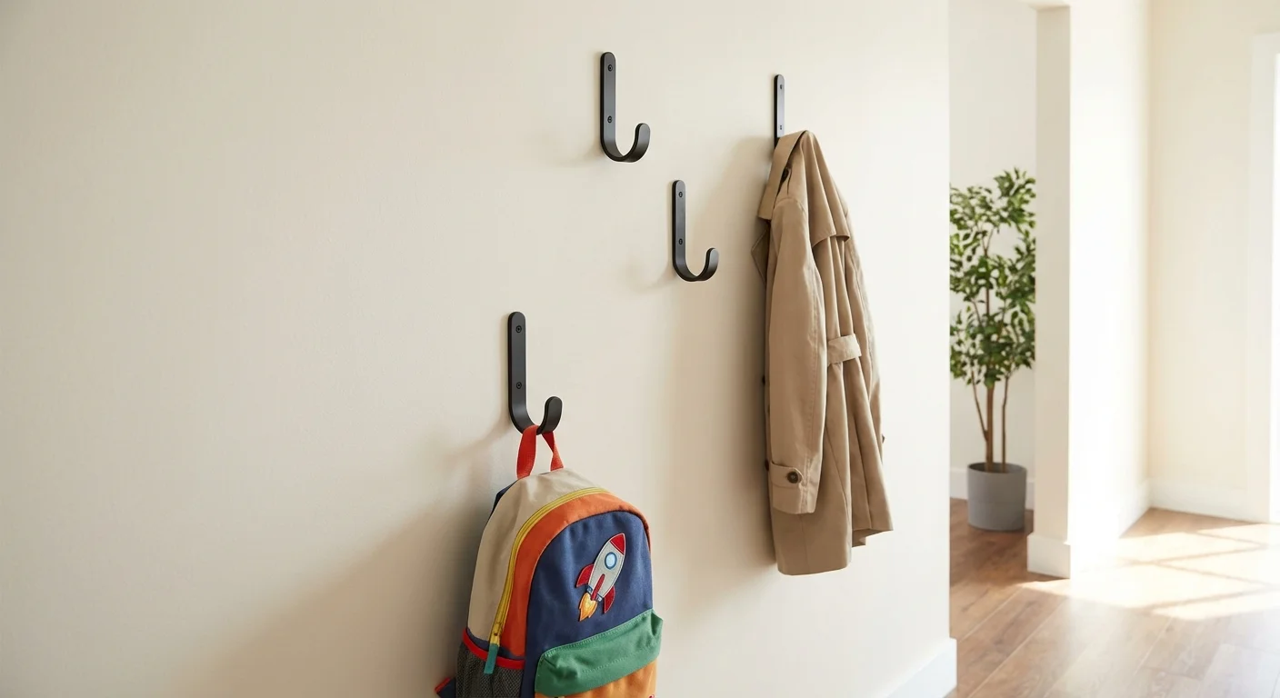 Staggered wall hooks at different heights holding a bag and a coat.