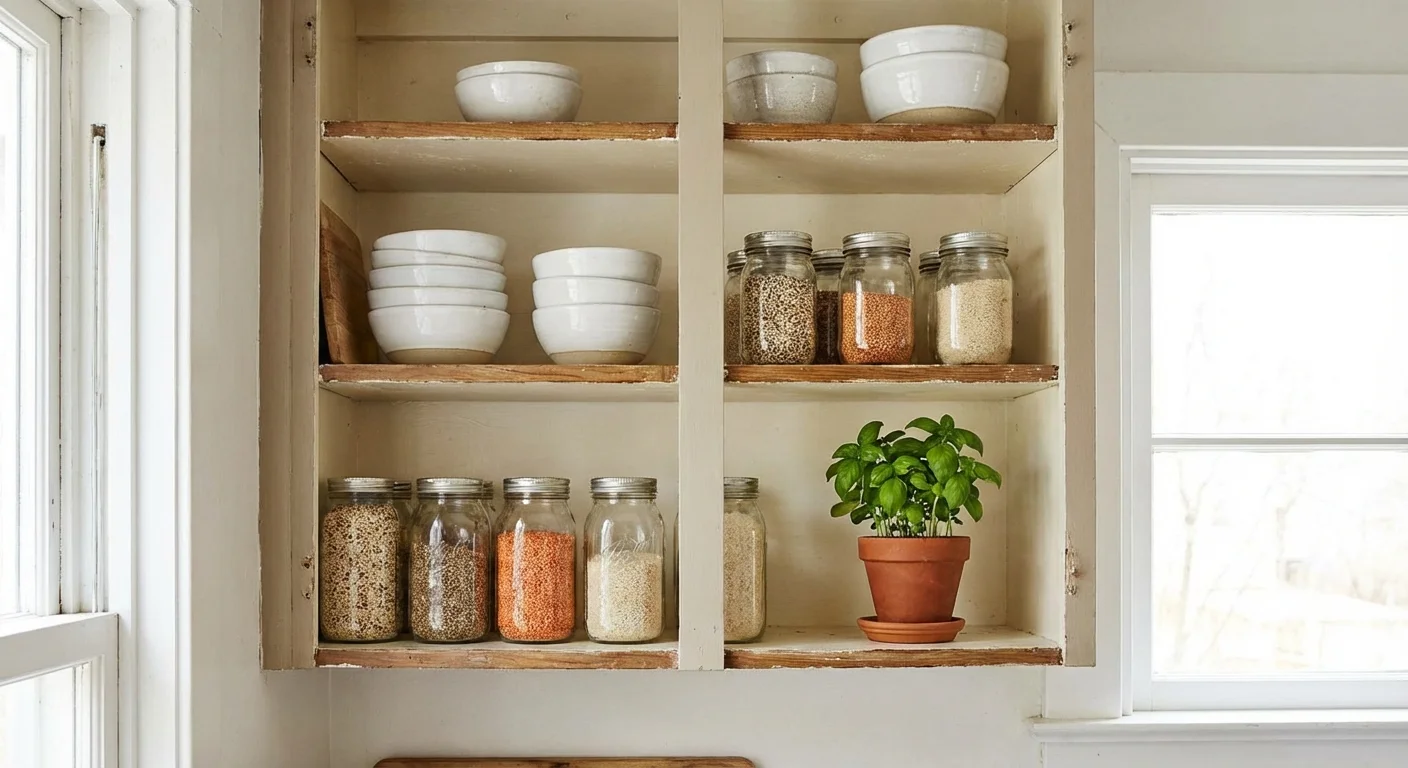 Stylized open kitchen shelving featuring organized white dishes and a small green plant.