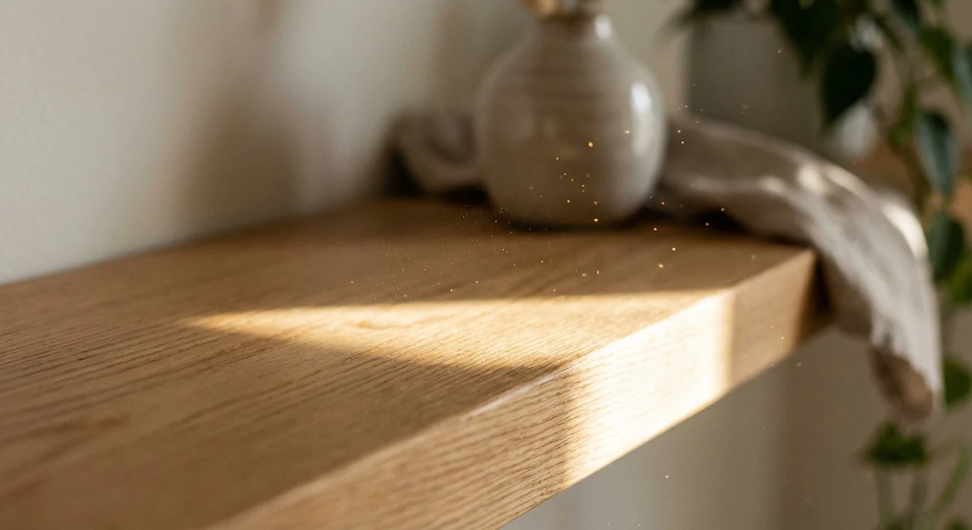 Sunlight streaming onto a clean wooden shelf in a minimalist home.