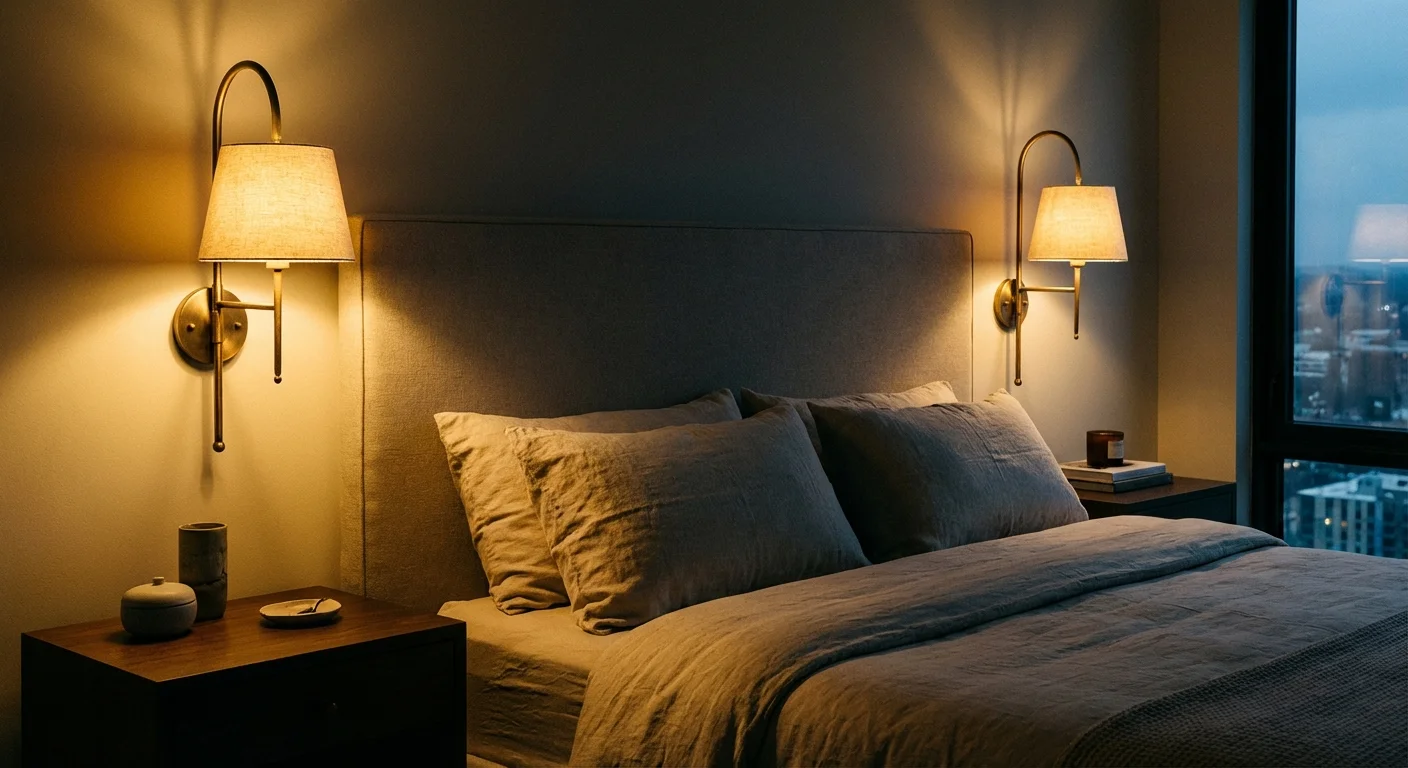 Symmetrical brass wall sconces providing warm, ambient lighting in a cozy bedroom.