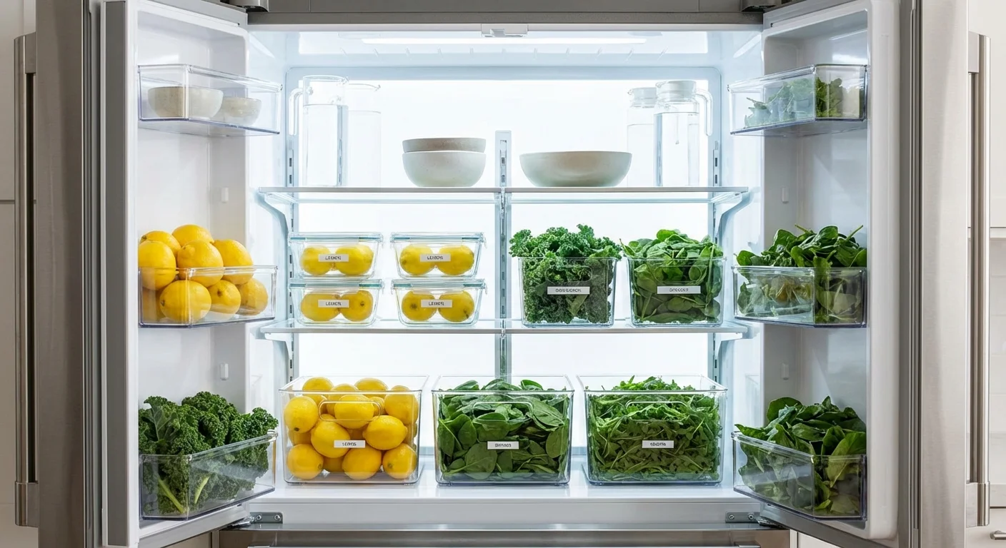 The interior of a clean, organized refrigerator with food stored in clear glass bins.