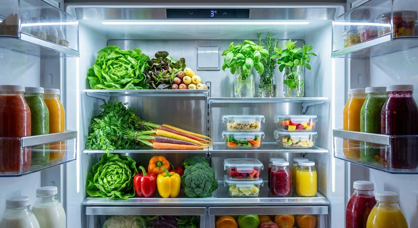 The organized interior of a modern refrigerator filled with fresh produce and glass jars.