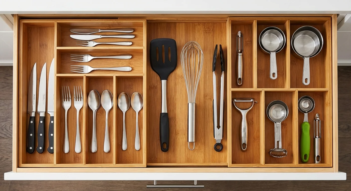 Top-down view of a kitchen drawer organized with bamboo dividers and neatly arranged utensils.