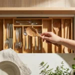 Top-down view of an organized kitchen drawer with bamboo dividers and silver cutlery.
