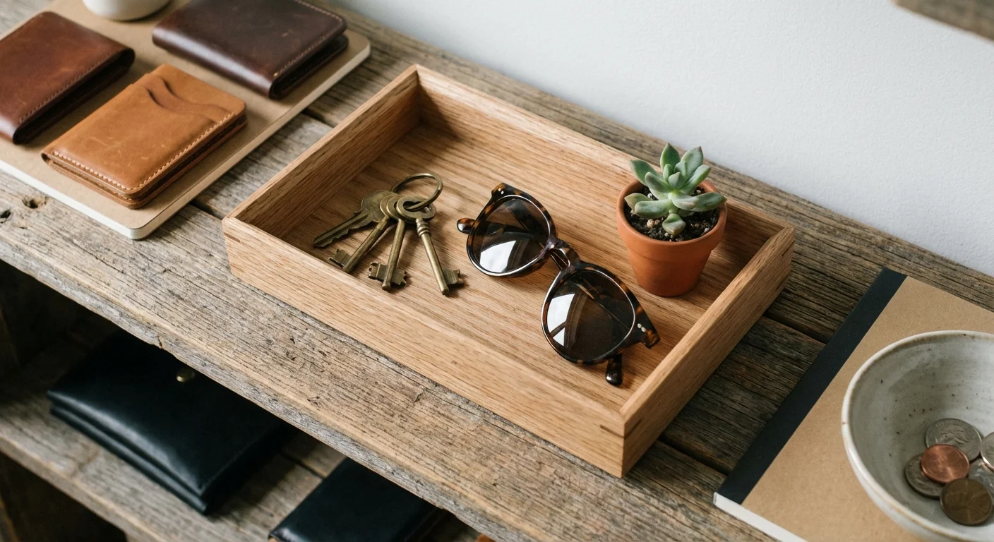 Top-down view of an organized tray with keys and sunglasses.