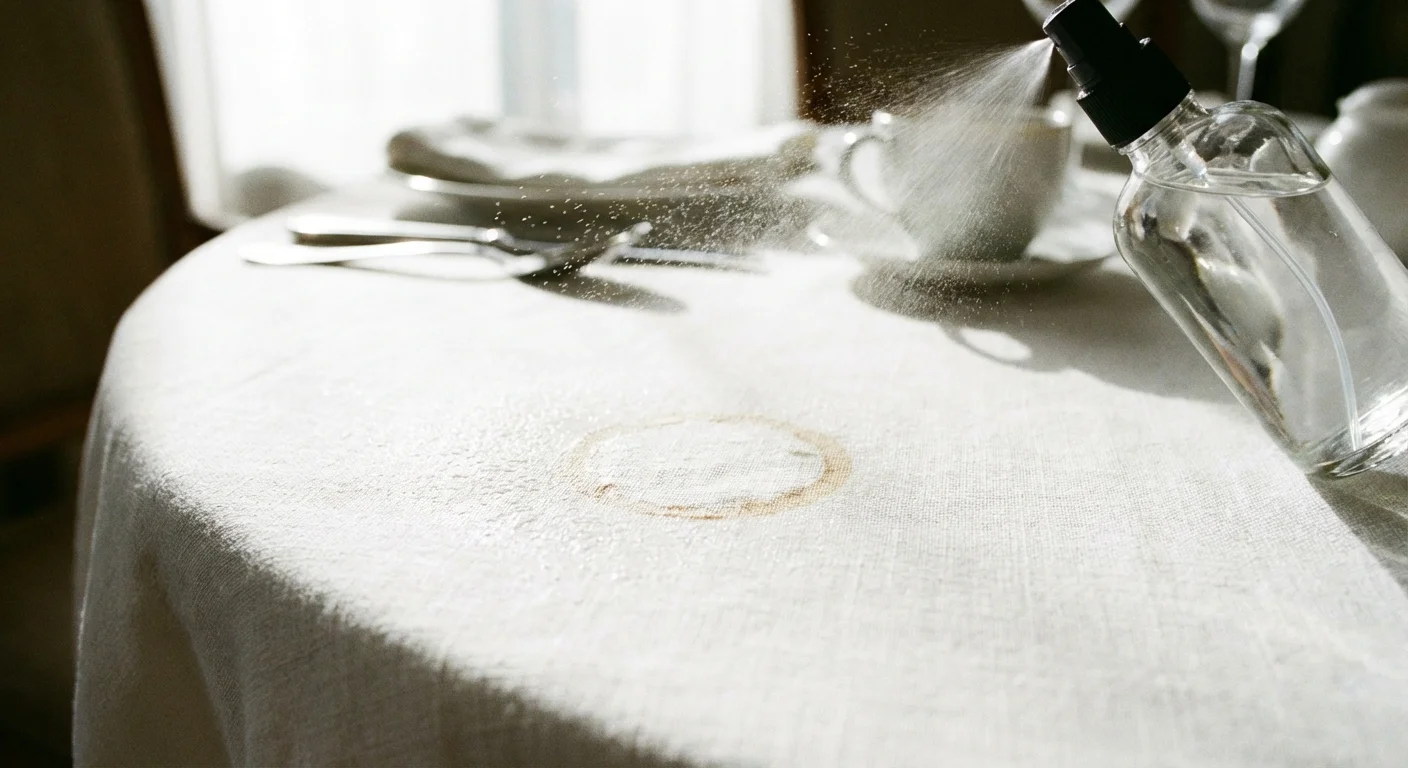 Treating a coffee ring on a white linen tablecloth.