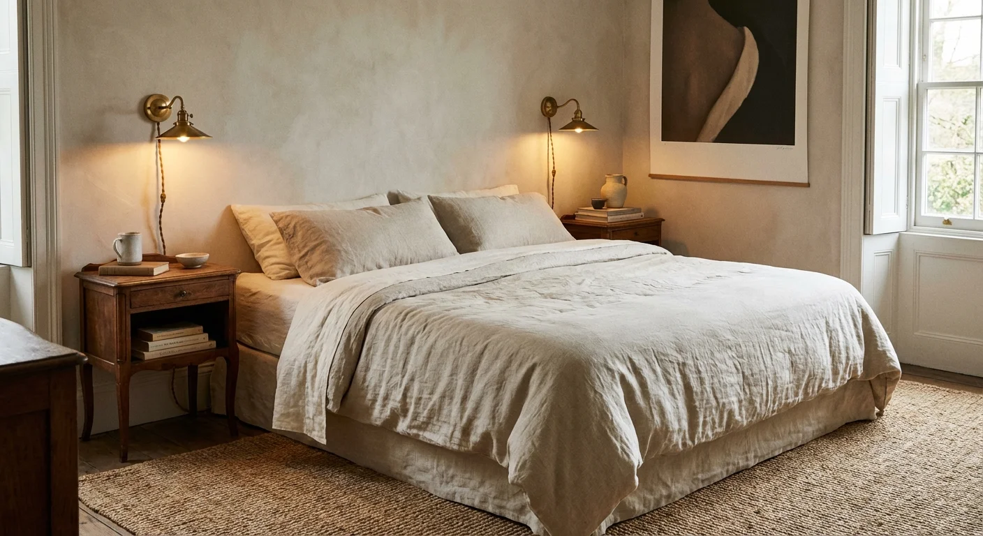 Two brass plug-in wall sconces mounted on a bedroom wall providing warm bedside light.