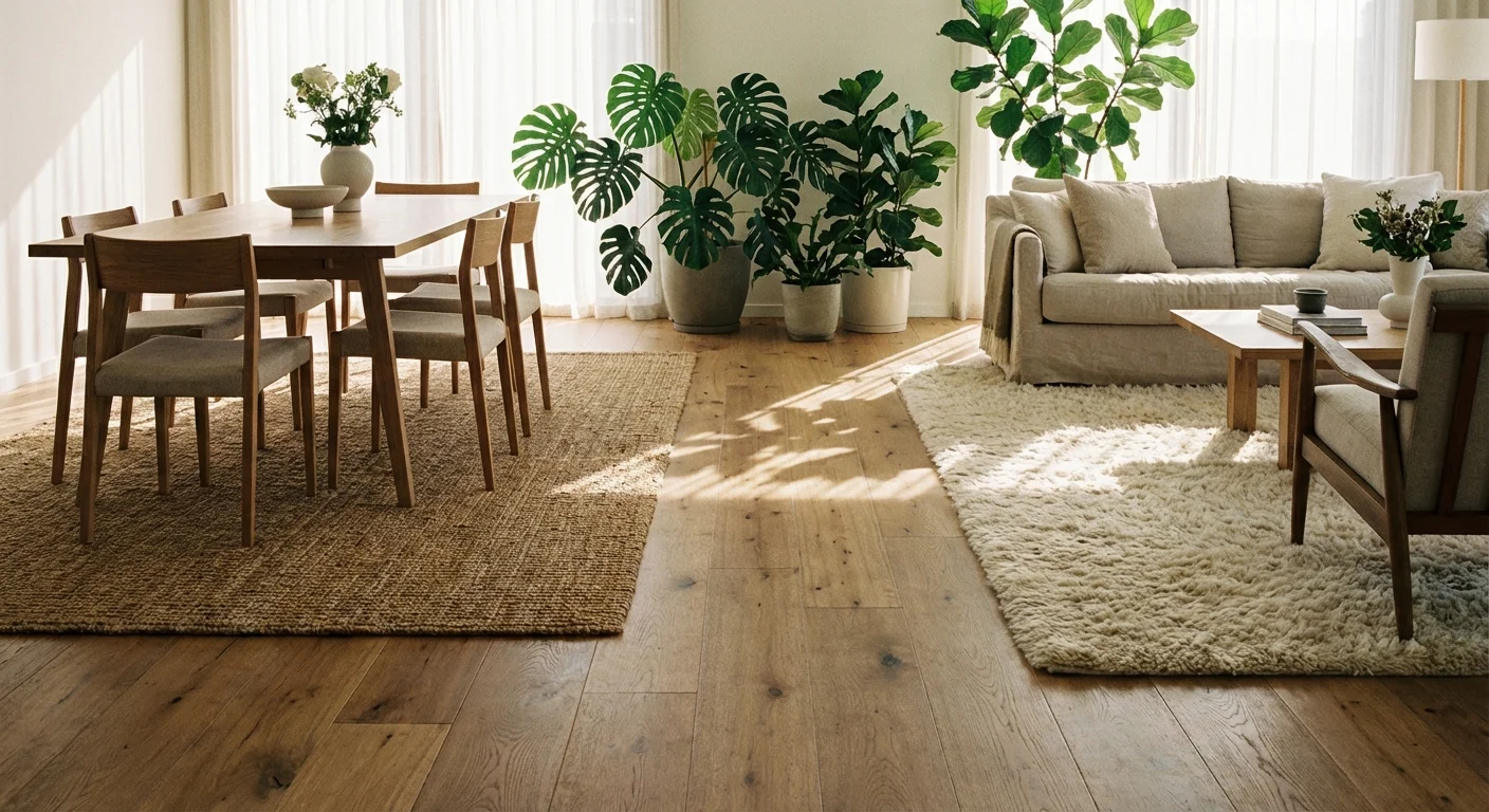 Two different area rugs defining a dining zone and a living zone on a hardwood floor.