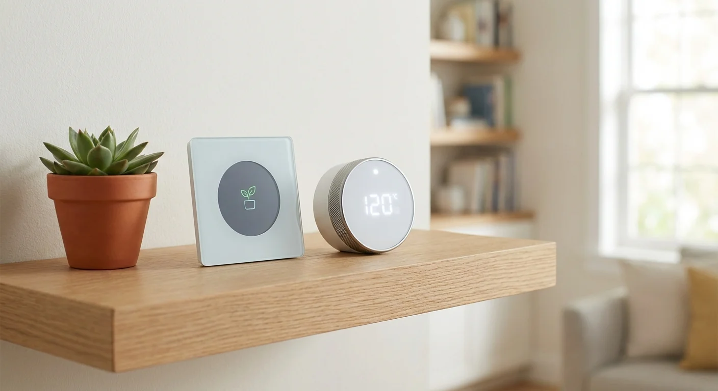 Two different models of smart thermostats on a wooden shelf.