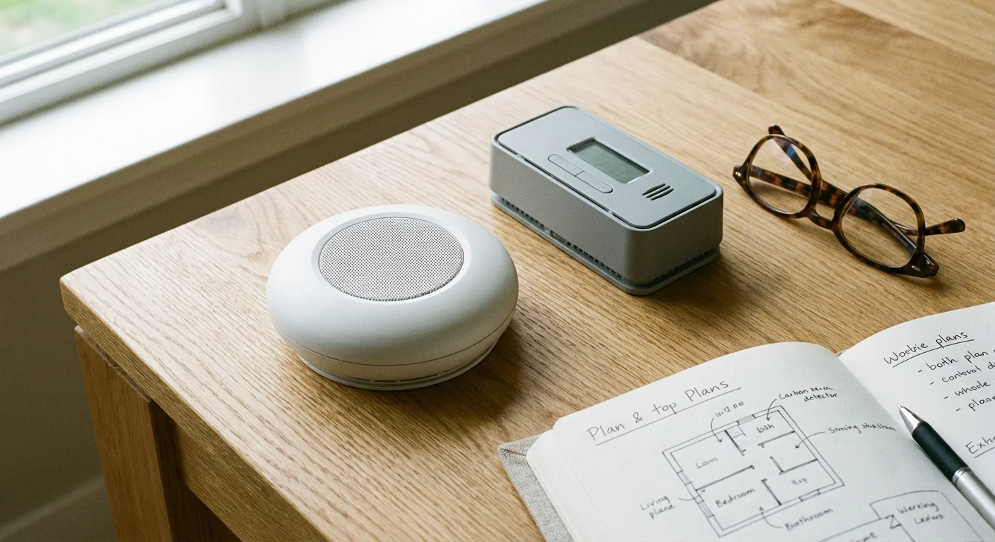 Two modern smoke and CO detectors on a wooden surface.