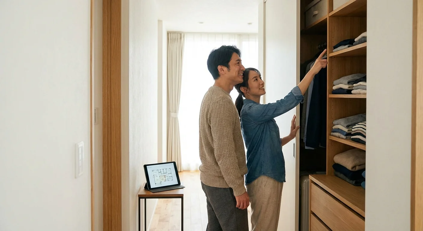 Two people discuss home organization in a bright, airy hallway.