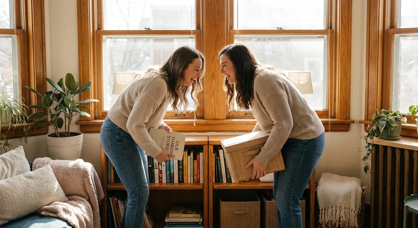 Two people happily organizing a bookshelf together in a bright room.