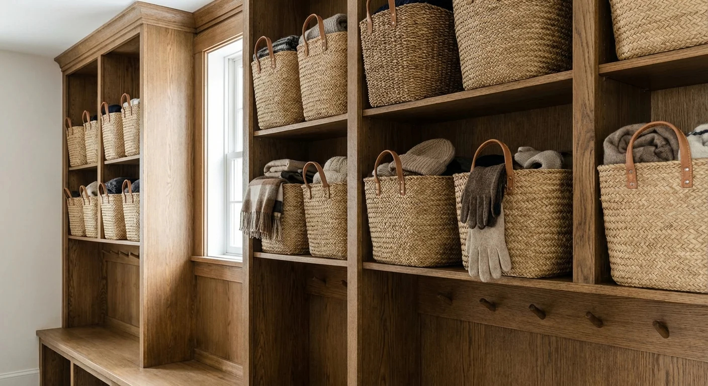 Uniform woven baskets on wooden shelves used for mudroom organization.