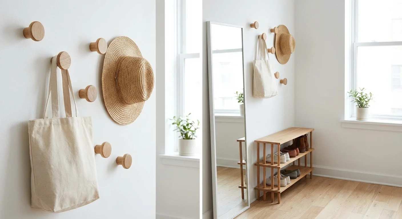 Vertical hooks and a slim mirror used to organize a small hallway entryway.