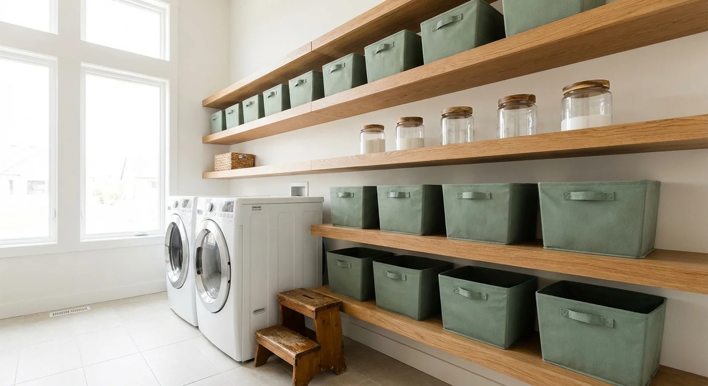 Vertical wooden shelves above a washing machine filled with organized bins and jars.