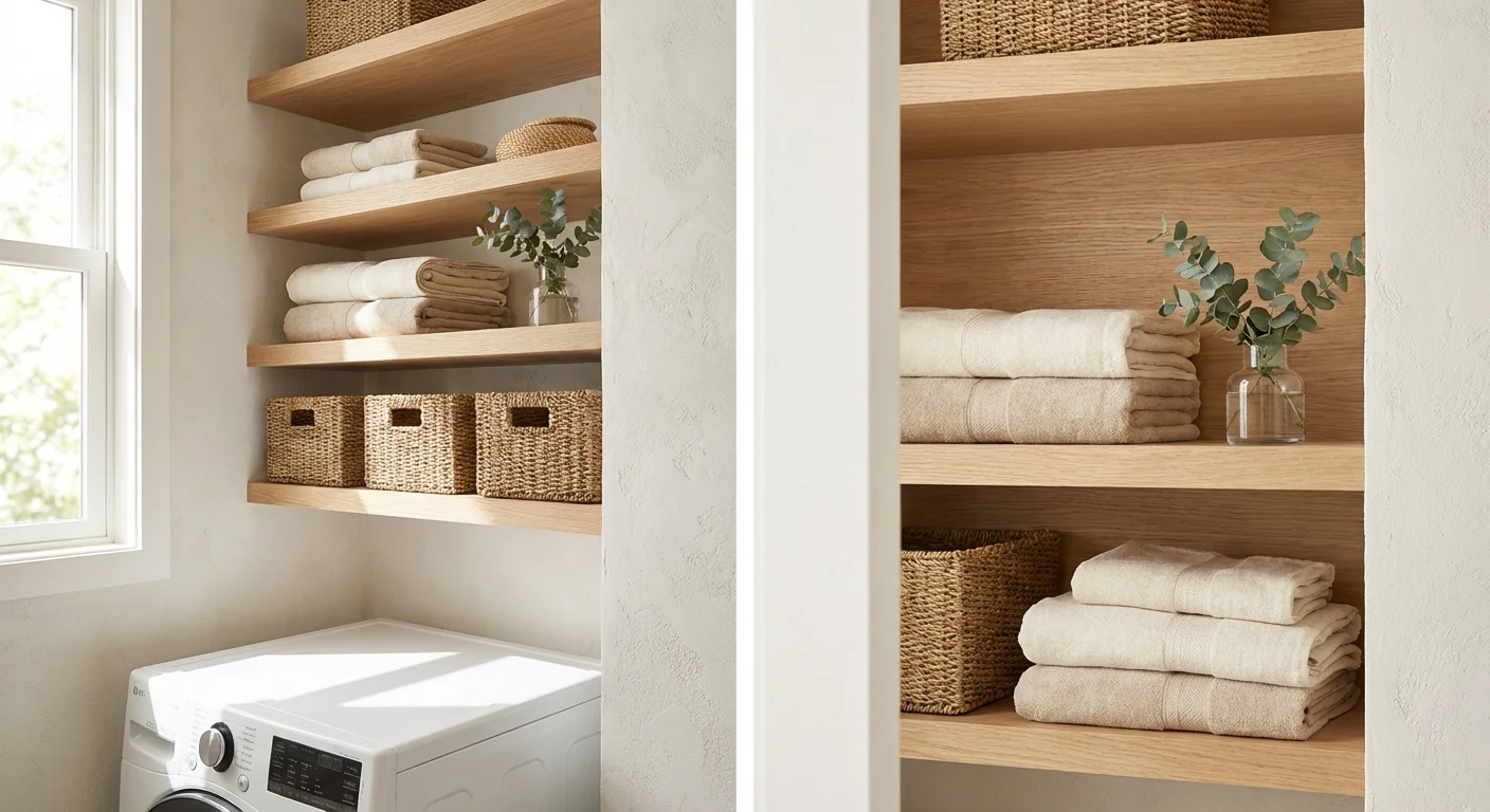 Vertical wooden shelving in a laundry room holding organized baskets and linens.