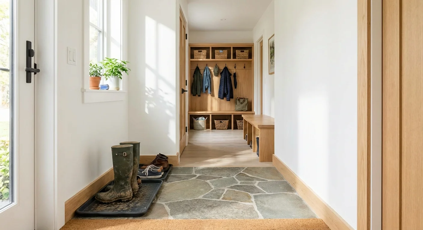 View from a front door showing an organized path to a mudroom bench and boot tray.