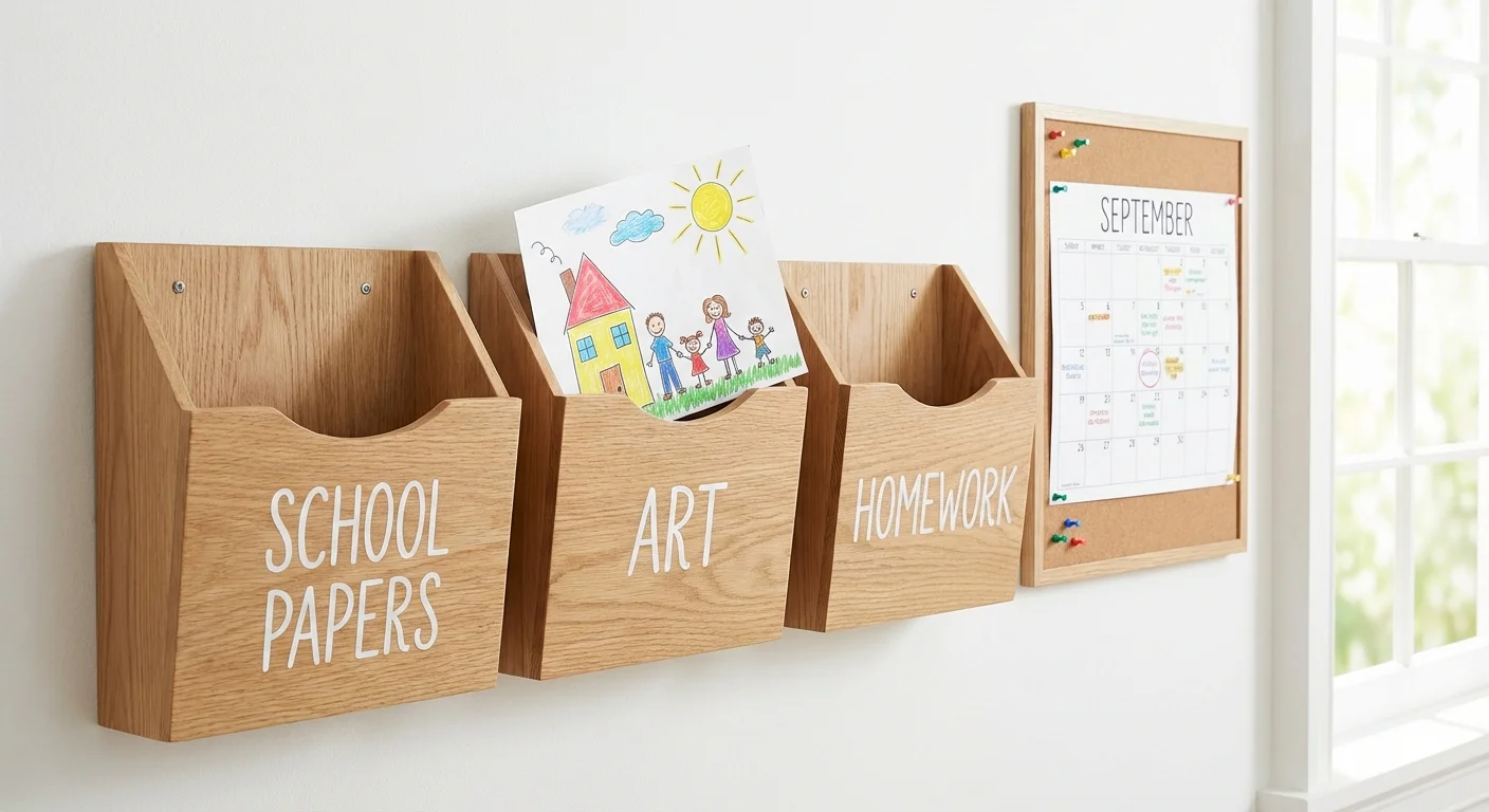 Wall-mounted paper organizer for schoolwork and art projects.
