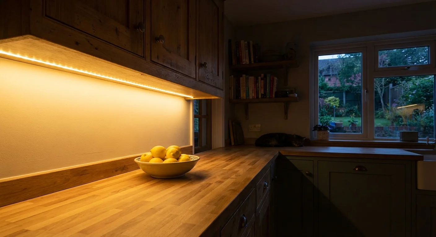 Warm LED lighting glowing underneath kitchen cabinets, illuminating a tidy countertop.