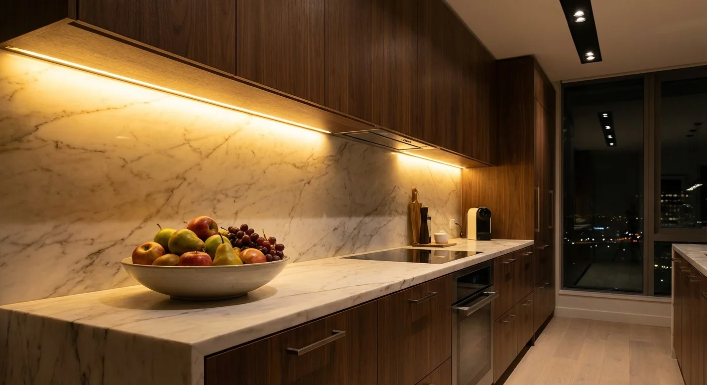 Warm LED strip lights glowing under kitchen cabinets, illuminating the countertop.