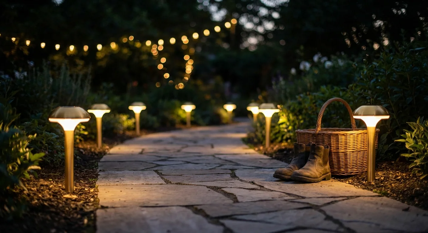 Warm solar lights illuminating a stone path at dusk.