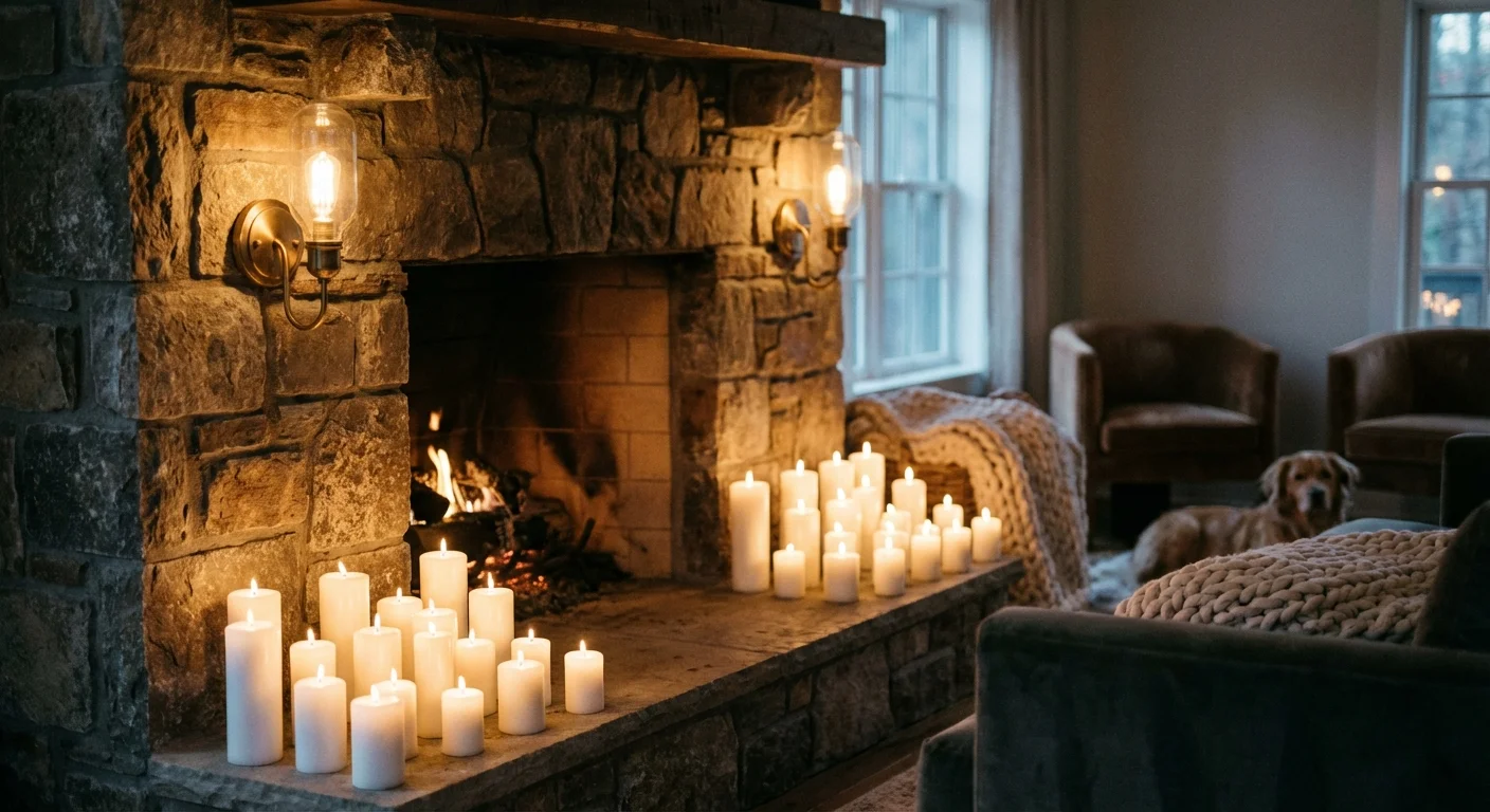 White pillar candles glowing on a fireplace hearth at twilight.