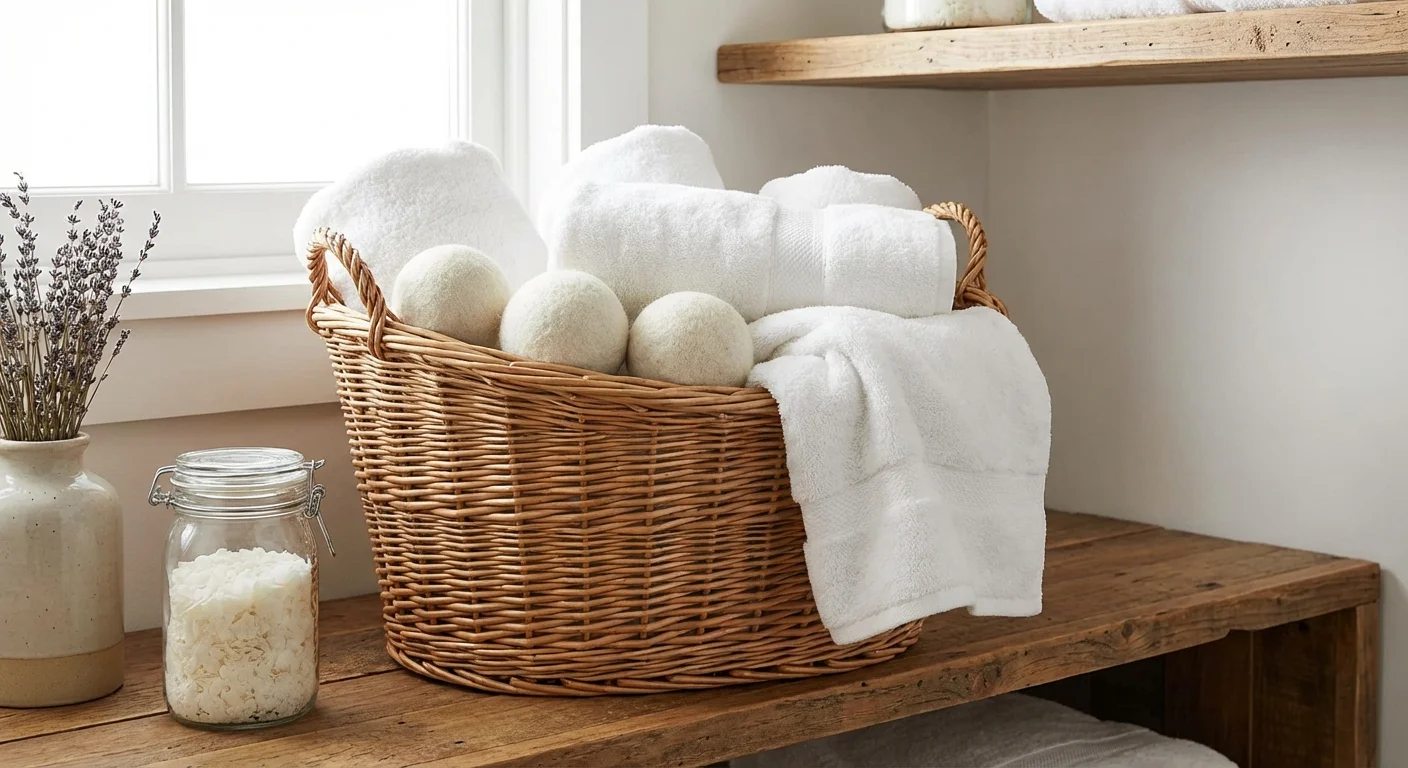 Wicker basket with white towels and wool dryer balls.